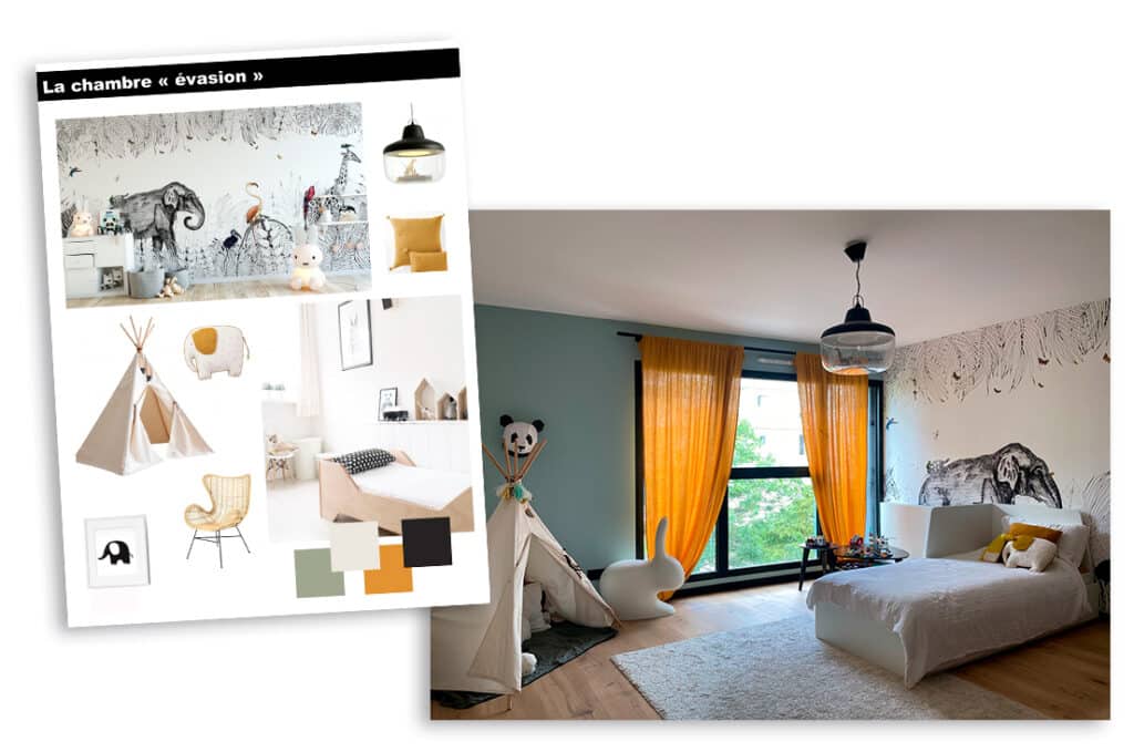 Aménagement intérieur d'une chambre avec des couleurs vives et des motifs animaliers.