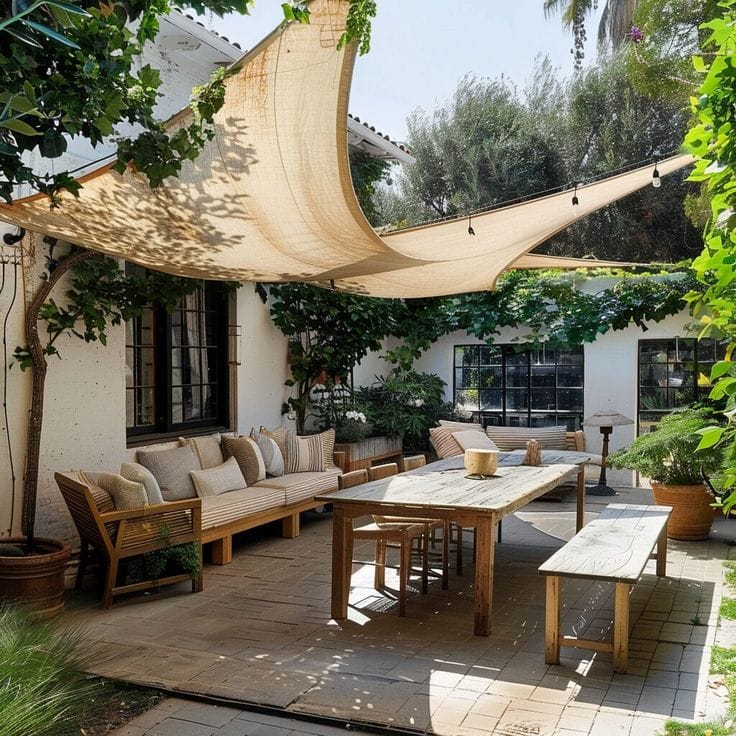 Terrasse méditerranéenne avec voile d'ombrage beige, table en bois rustique, bancs et salon de jardin en bois clair, entourée de végétation grimpante