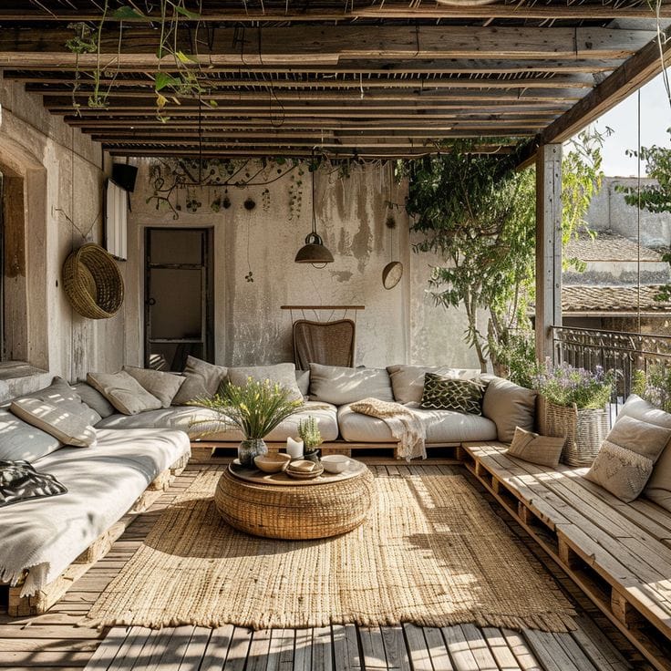 Terrasse de style bohème rustique avec canapé d'angle en palettes, coussins beiges, tapis en fibres naturelles, table basse ronde en rotin, plantes vertes et pergola en bois.
