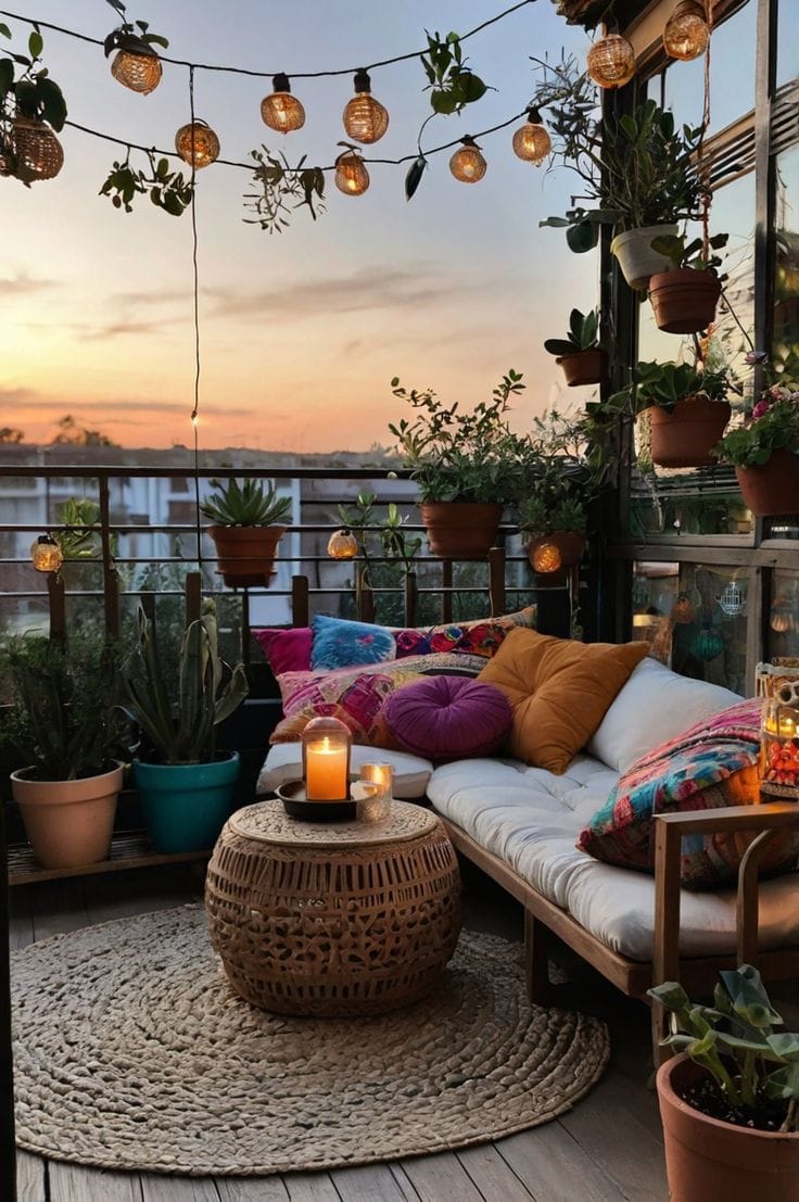 Petit balcon du style bohème cosy avec banquette blanche, coussins multicolores, table basse en rotin, tapis rond en jute, plantes vertes en pots suspendus et guirlande lumineuse au coucher du soleil