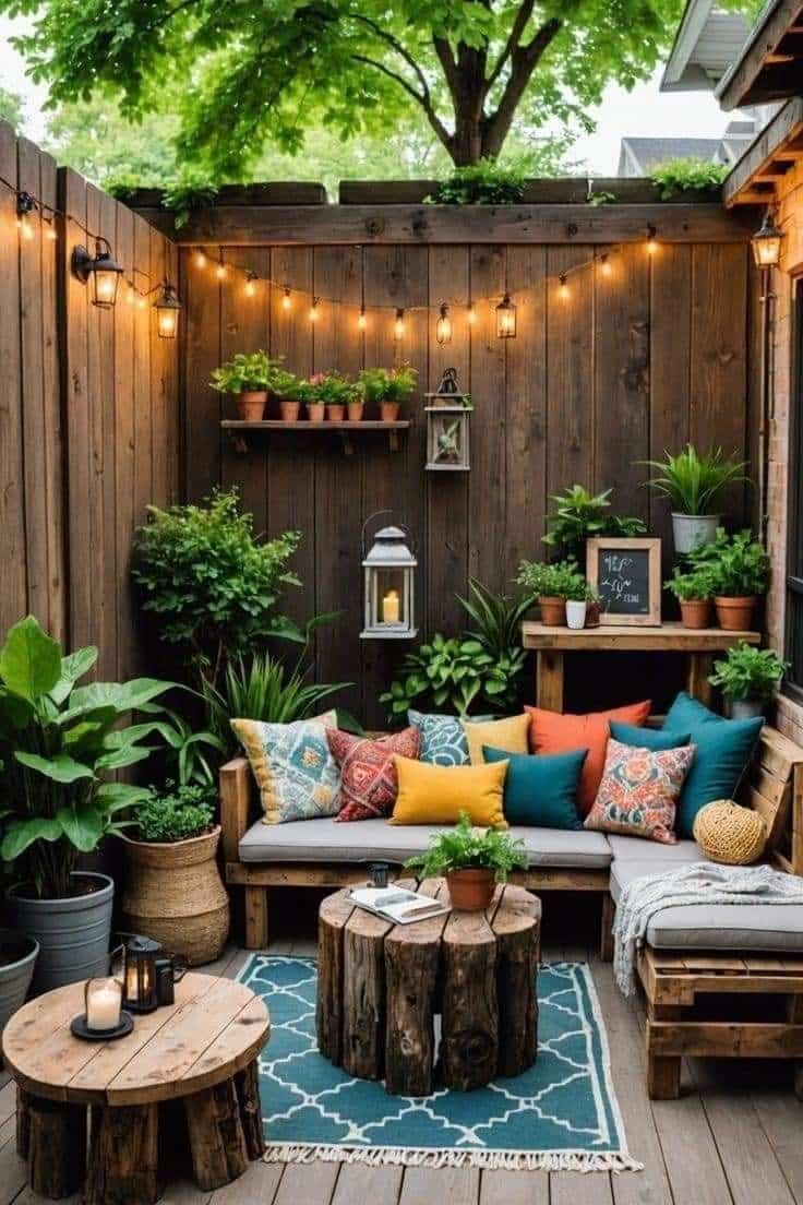 Petite terrasse de style bohème coloré avec banquettes en palettes, coussins multicolores, guirlande lumineuse, plantes vertes en pots, tables en bois brut et tapis bleu à motifs