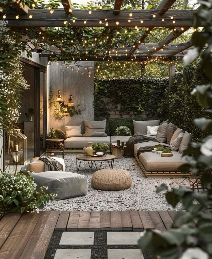 Terrasse extérieure de style bohème avec canapé d'angle, coussins beiges, guirlandes lumineuses suspendues, pergola en bois, et plantes grimpantes décoratives