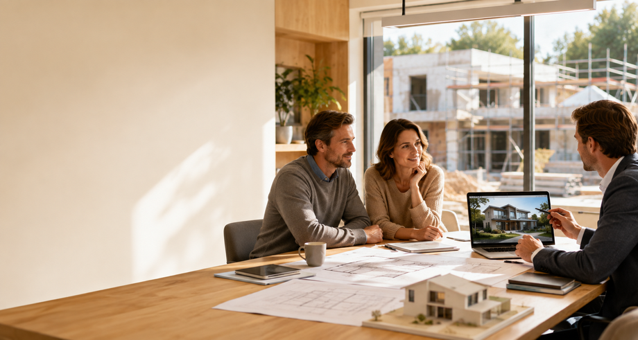 Couple en discussion avec un expert immobilier lors d'un accompagnement de projet.